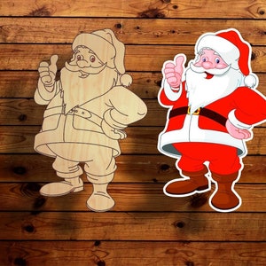 May include: A wooden cutout of Santa Claus with a red suit, white beard, and a black belt. The cutout is on a wooden background.