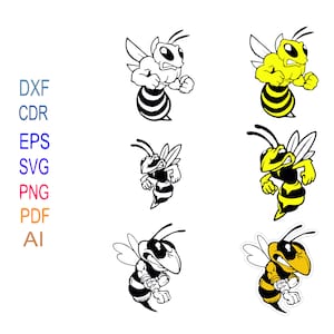 Może przedstawiać: Zestaw sześciu wektorowych ilustracji kreskówkowej osy lub szerszenia. Maskotka jest przedstawiona w różnych pozach, w tym w locie, stojąc i trzymając znak. Maskotka jest narysowana w stylu czarno-białym i żółto-czarnym.