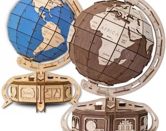 May include: A wooden globe puzzle with a blue and brown globe. The globe is on a wooden stand with a compass and other details. The globe is made of interlocking pieces that can be assembled to create a 3D model.