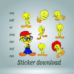 May include: A digital collection of Tweety Bird illustrations featuring various poses, including one wearing a red baseball cap, black glasses, and blue trousers, alongside the text svg, pdf, ai, png, eps, dxf, eps, and Sticker download.