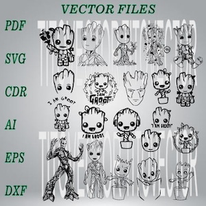 May include: A set of 16 black and white vector files featuring various illustrations of the character Groot from the Guardians of the Galaxy franchise. The illustrations include Groot in different poses, with different expressions, and with different text, such as "I am Groot".