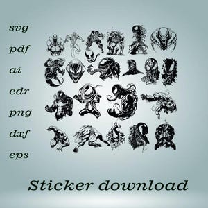 Puede incluir: Ilustraciones en blanco y negro de varios personajes de Venom en diferentes poses. La imagen incluye el texto "svg, pdf, ai, cdr, png, dxf, eps" y "Sticker download".