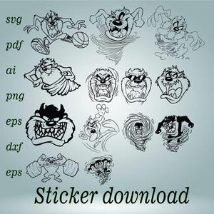 Op de afbeelding: Een verzameling zwart-wit lijntekeningen van de Tasmaanse Duivel in verschillende houdingen, waaronder draaiend in een tornado, basketballend en gewichtheffend. De tekst svg, pdf, ai, png, eps, dxf en Sticker download is zichtbaar.