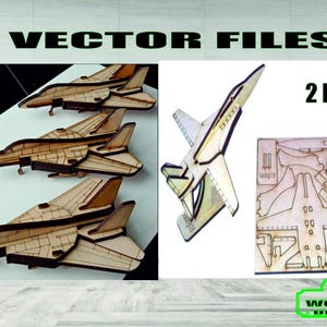 May include: Wooden model jet fighter vector files. The image shows several assembled and unassembled wooden jet fighter models. The text on the image says "VECTOR FILES" and "2 FILES". The image also includes the text "SVG, PDF, CDR, AI, DXF, EPS, CNC" and "WOODEN DESIGN".