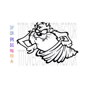 May include: Black and white line art illustration of a cartoon Tasmanian devil in a tornado. The devil is grinning with sharp teeth and has a mischievous expression.