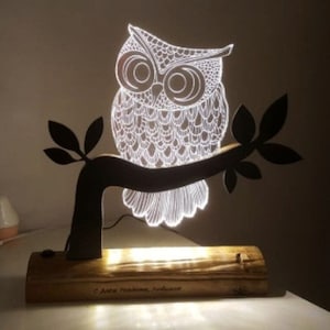 May include: A white owl with intricate details is perched on a black branch with leaves. The owl is illuminated from behind, creating a glowing effect. The branch is mounted on a wooden base with the text "C. Ada Provence, Australia" engraved on it.