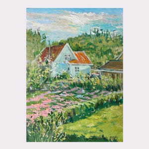 Sussurros de maio, pintura a óleo original ao ar livre, paisagem de primavera, pequena obra de arte única, arte escandinava, harmonia da natureza, verde e azul