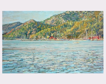 Gandsfjorden i september, original oljemålning, skandinaviskt fjordlandskap, plein air-konst