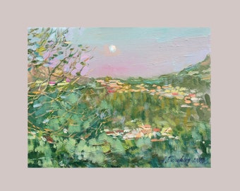 June Moonrise, Original Oil Painting, Landscape Art, Rural Motive, Wall Art Landscape, Moonrise, Pleinair Painting, Norway Painting, Summer