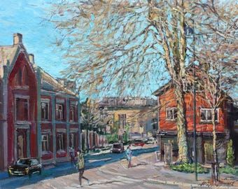 Oryginalny obraz olejny: Skandynawska scena uliczna, Sandnes, Norwegia, 30 x 40 cm