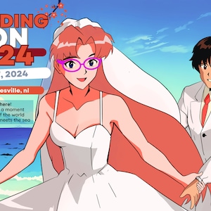 Puede incluir: Una invitación de boda con una pareja de dibujos animados en una playa. El texto dice "WEDDING CON 2024 july 7, 2024 nowheresville, nl You are here! At the start of a moment On the edge of the world Where the river meets the sea"
