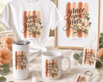 Christian Floral PNG, Grace Upon Grace John 1:16 Bible Verse (Digital Download)