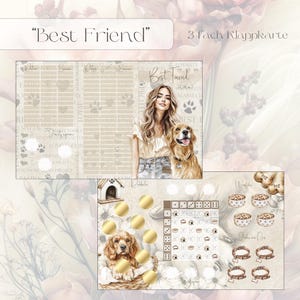 Könnte beinhalten: Eine dreifach klappbare Grußkarte in Beige- und Brauntönen mit Illustrationen einer Person und eines Golden Retrievers. Die Karte enthält den Text Best Friend, ein Raster zur Nachverfolgung, Rubbelkreise und Symbole rund um Hunde.