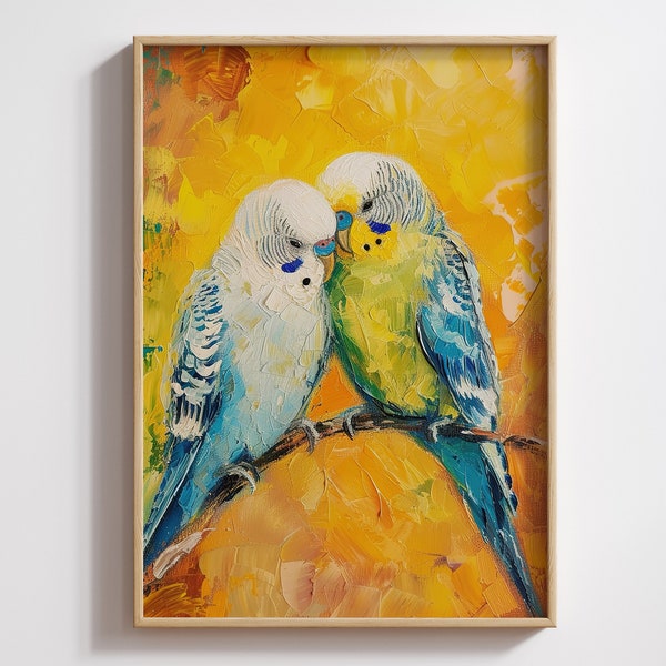 Budgie Bird Couple perroquet art mural Peinture acrylique. Animal animal de compagnie Peinture Art mural imprimable. Téléchargement numérique. Tirages d’art décoratifs