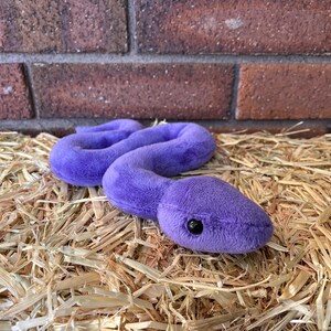 May include: A plush purple snake toy with a black eye. The snake is curled up on a bed of straw.