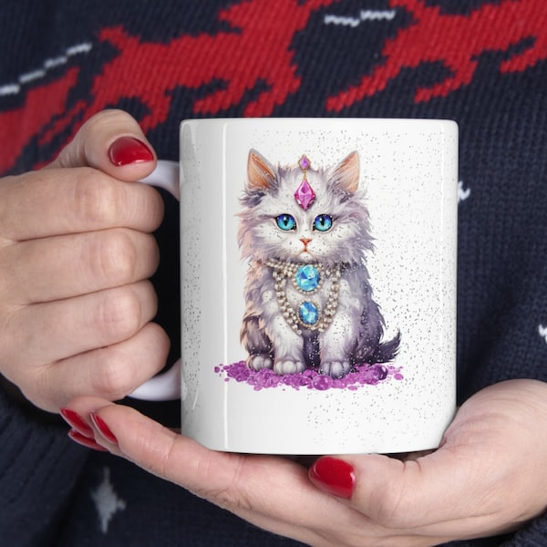 Ceramic Cat Mug 11oz, Sassy Cat with Jewelry, Cat Lovers mug, Birthday for her,  Coffee Cup, Gift for Cat Mom, Anime style, Humorous Cat Mug