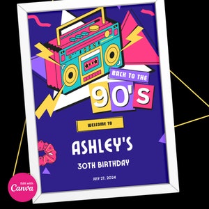 90s Party Welcome Sign Template: Retro Birthday Decor (Editable Canva Design)
