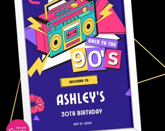 90s Party Welcome Sign Template: Retro Birthday Decor (Editable Canva Design)