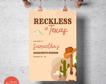 Placa de boas-vindas para despedida de solteira em Austin, Texas: Tema Reckless in Texas (download digital)