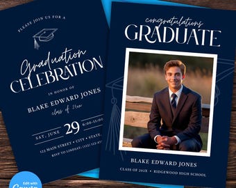 Navy Photo Graduation Party Invitation: Editable Template (5x7 in)