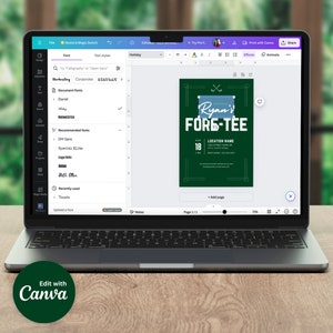 Puede incluir: La pantalla de un ordenador port&aacute;til que muestra una invitaci&oacute;n de golf verde y blanca con el texto "Ryan's Fore-Tee" y un gr&aacute;fico de un palo de golf. La invitaci&oacute;n se est&aacute; editando en Canva, una plataforma de dise&ntilde;o gr&aacute;fico.