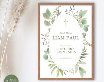 First Holy Communion Welcome Sign: Editable Floral Poster (24 x 36 in)