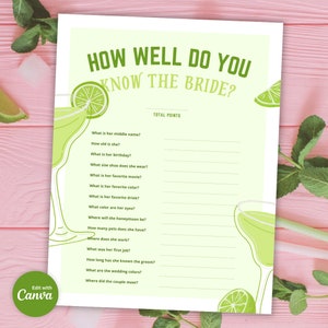 May include: A green and white printable bridal shower game with the title "How Well Do You Know The Bride?" and a list of questions about the bride. The game features a green and white margarita glass graphic.