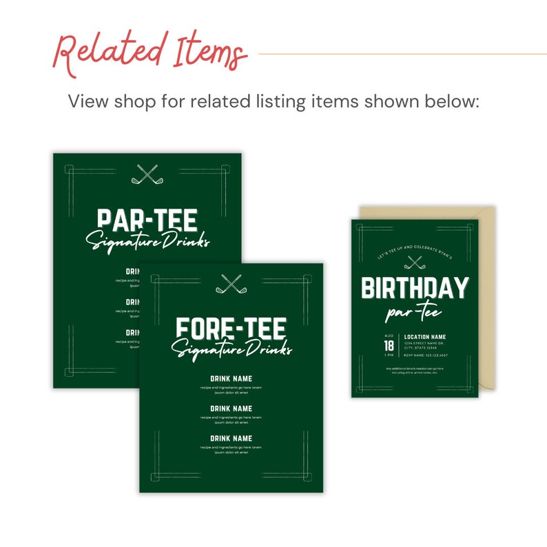 Puede incluir: Dos carteles de fiesta imprimibles de tem&aacute;tica de golf, verdes y blancos. El primer cartel dice "Par-Tee Signature Drinks" y el segundo dice "Fore-Tee Signature Drinks". Los carteles tienen un gr&aacute;fico de palo de golf y pelota.
