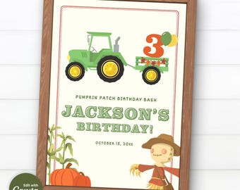 Könnte beinhalten: Ein druckbares Schild für eine Geburtstagsparty mit einem grünen Traktor, der einen Wagen mit einer großen Zahl 3 zieht. Das Schild lautet "Pumpkin Patch Birthday Bash Jackson's Birthday! October 15, 20xx" und zeigt einen Vogelscheuche.