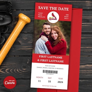 Bilet baseballowy Cardinals Save the Date Edytowalna karta, STL Cardinals Save the Date, Edytowalna Save the Date, Bilet Cardinals Save the Date