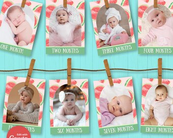 Watermelon First Birthday Photo Banner: Editable Monthly Milestone Template (Digital Download)