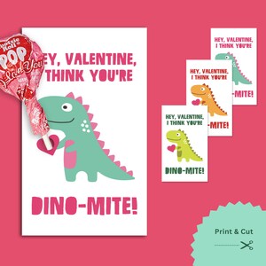 Valentine Printable, Dino-MIte, Dinosaur Valentine&#39;s Day Card Favor, Instant Download