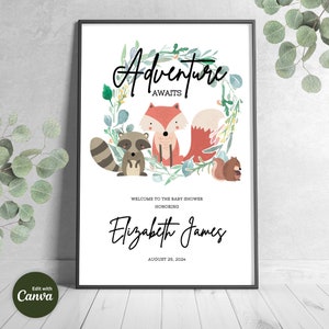 Woodland Animals Baby Shower Editable Welcome Sign, Baby Shower Welcome Sign, Adventure Awaits Baby Shower Editable Sign, Editable Template