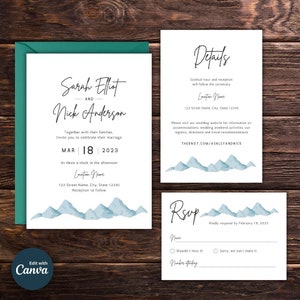 Mountain Wedding Invitation, Winter Wedding, Invitation Set, Forest Wedding, Outdoor Wedding Instant Download Invitation Template