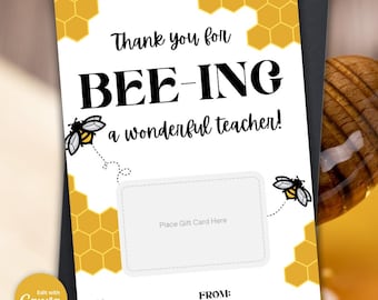 Bee Teacher Gift Card Holder, Gift Card Holder, Teacher Appreciation Gift Card Holder, Printable Gift Card Holder Thanks for Bee-ing Amazing
