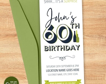 Könnte beinhalten: Eine weiße Karte mit grünem und blauem Text und Grafiken. Der Text lautet "SHHH... IT'S A SURPRISE John's 60th BIRTHDAY" mit einem grünen Band unten, auf dem "RSVP TO NAME @ 123.123.4567" steht.