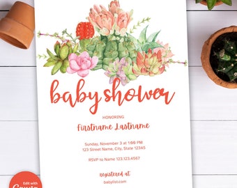 Op de afbeelding: Een baby shower uitnodiging met een aquarel illustratie van vetplanten in tinten groen, roze en oranje. De tekst luidt "baby shower" in rode cursieve letters en "honoring Firstname Lastname" in zwarte letters. De uitnodiging bevat de datum, tijd, adres, RSVP informatie en een website voor het registreren van cadeaus.