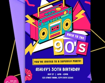 May include: A colourful birthday party invitation featuring a retro boombox and the text "Back to the 90's" in a colourful font. The invitation is for Ashley's 30th birthday and includes the date and time of the party, as well as the address.