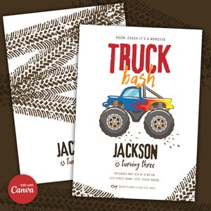 May include: A birthday party invitation for a child turning three. The invitation features a cartoon monster truck with flames and a tyre track background. The text reads "BOOM, CRASH IT'S A MONSTER TRUCK bash JACKSON is turning three SATURDAY MAY 4TH AT 3:00 PM 123 STREET NAME, CITY, STATE 00000 RSVP REGRETS ONLY 1230 123-4567"