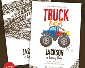 Monster Truck Birthday Invitation Template: Editable Party Supplies (PDF)