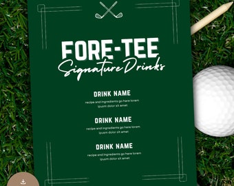 Plantilla de menú de bebidas para golfistas por 40.º cumpleaños, bebidas exclusivas de Par-Tee, letrero de bebidas exclusivas de Fore-Tee, menú de bebidas para golfistas