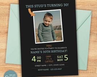Surprise 30th Birthday Invitation Template: Editable Photo Design (PDF)