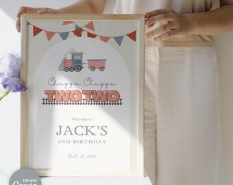 Chugga Chugga Two Two 2e anniversaire fête panneau de bienvenue modifiable, affiche de bienvenue de fête d'anniversaire de train, 2e anniversaire de garçon