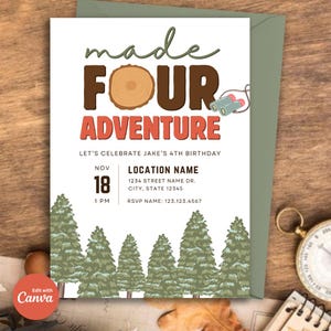 以下が含まれることがあります： 森をテーマにした誕生日のお誘い。招待状には「made four adventure」の文字と、木の切り株のイラスト、双眼鏡が描かれています。また、パーティーの日時と場所も記載されています。