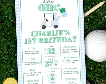 Hole in One Birthday Milestone Poster, Golf 1st Birthday, First Year Golf Par-tee Stats Sign, Editable Baby Stats Sign