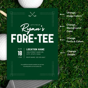 Puede incluir: Una invitaci&oacute;n verde con tem&aacute;tica de golf con texto blanco que dice "Let's Tee Up Ryan's Fore-Tee". La invitaci&oacute;n incluye detalles para un evento de golf el 18 de agosto a la 1:00 PM. Se incluye la ubicaci&oacute;n, la fecha, la hora y la informaci&oacute;n de RSVP.