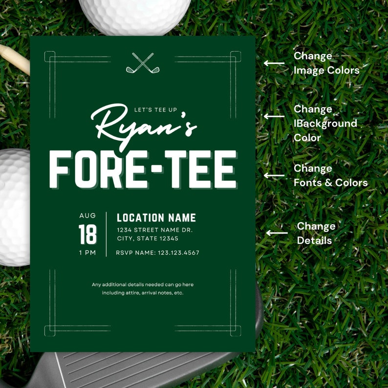 Puede incluir: Una invitaci&oacute;n verde con tem&aacute;tica de golf con texto blanco que dice "Let's Tee Up Ryan's Fore-Tee". La invitaci&oacute;n incluye detalles para un evento de golf el 18 de agosto a la 1:00 PM. Se incluye la ubicaci&oacute;n, la fecha, la hora y la informaci&oacute;n de RSVP.