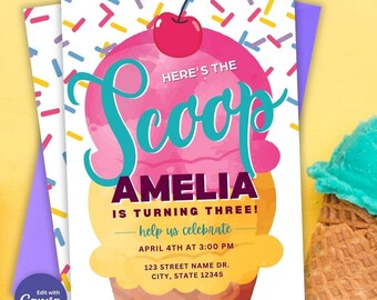 Ice Cream Birthday Party Editable Invitation, Ice Cream Scoop Birthday Invitation, Editable Template, Ice Cream Invitation