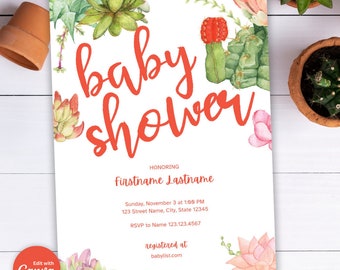 May include: A baby shower invitation with watercolor succulents and the words "baby shower" in coral script. The invitation includes details for the event, such as the date, time, location, and RSVP information. The invitation is registered at babylist.com.