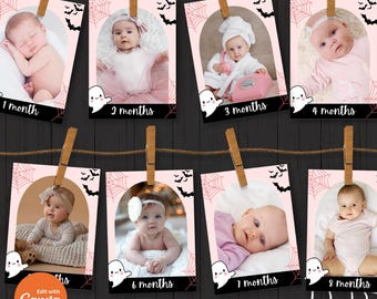 Spooky One Halloween-verjaardagsfotobanner: bewerkbare maandelijkse sjabloon (digitaal)